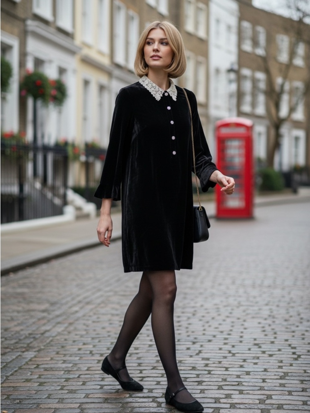 kate spade Black Velvet Dress with Lace Collar